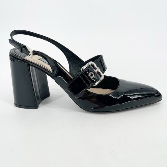 Prada Black Patent Leather Pointed Toe Mary Jane Strap Slingback Heel IT 40 - Picture 2 of 13
